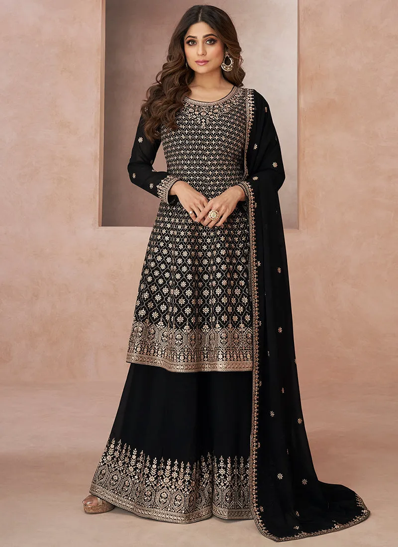 Black Embroidery Festive Anarkali Palazzo Suit