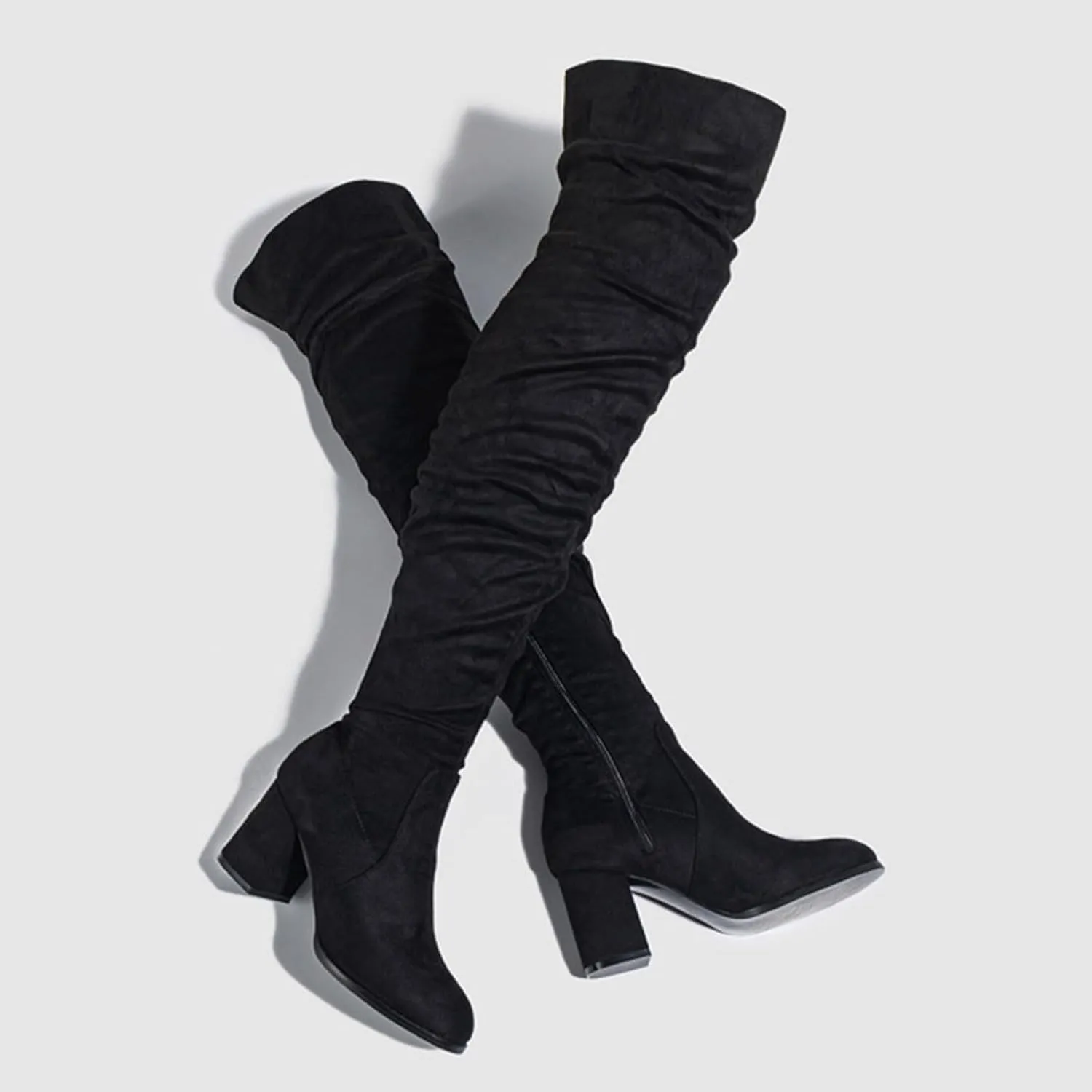 Boots For Women Square Heel Over Knee Boots Suede Zipper Thigh High Boots Chunky Heeled Tall Long Boots