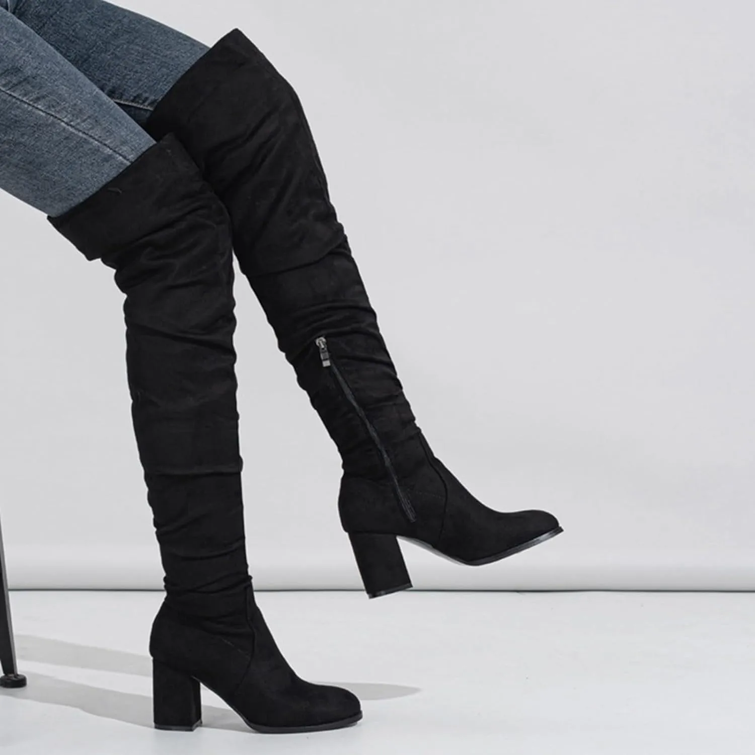 Boots For Women Square Heel Over Knee Boots Suede Zipper Thigh High Boots Chunky Heeled Tall Long Boots