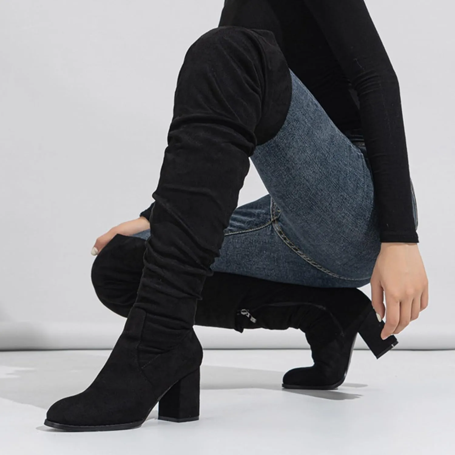 Boots For Women Square Heel Over Knee Boots Suede Zipper Thigh High Boots Chunky Heeled Tall Long Boots