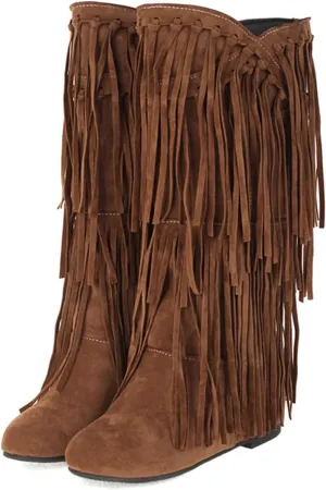 Boots For Women Tassel Cowboys Thigh High Boots Suede Flat Knee High Boots Mid Calf Tall Long Bootie