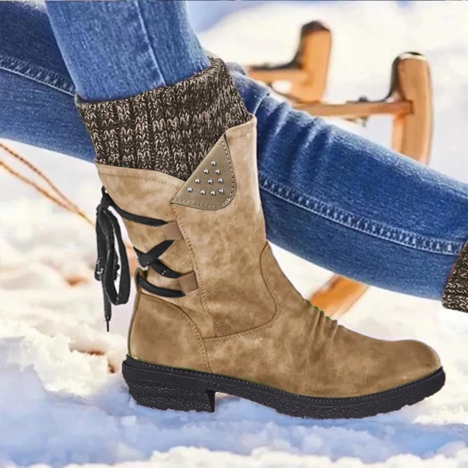 Cathalem Winter Boots for Women,Women's Winter Lace up Mid Calf Combat Riding Military Boots Womens Snow Boots Waterproof