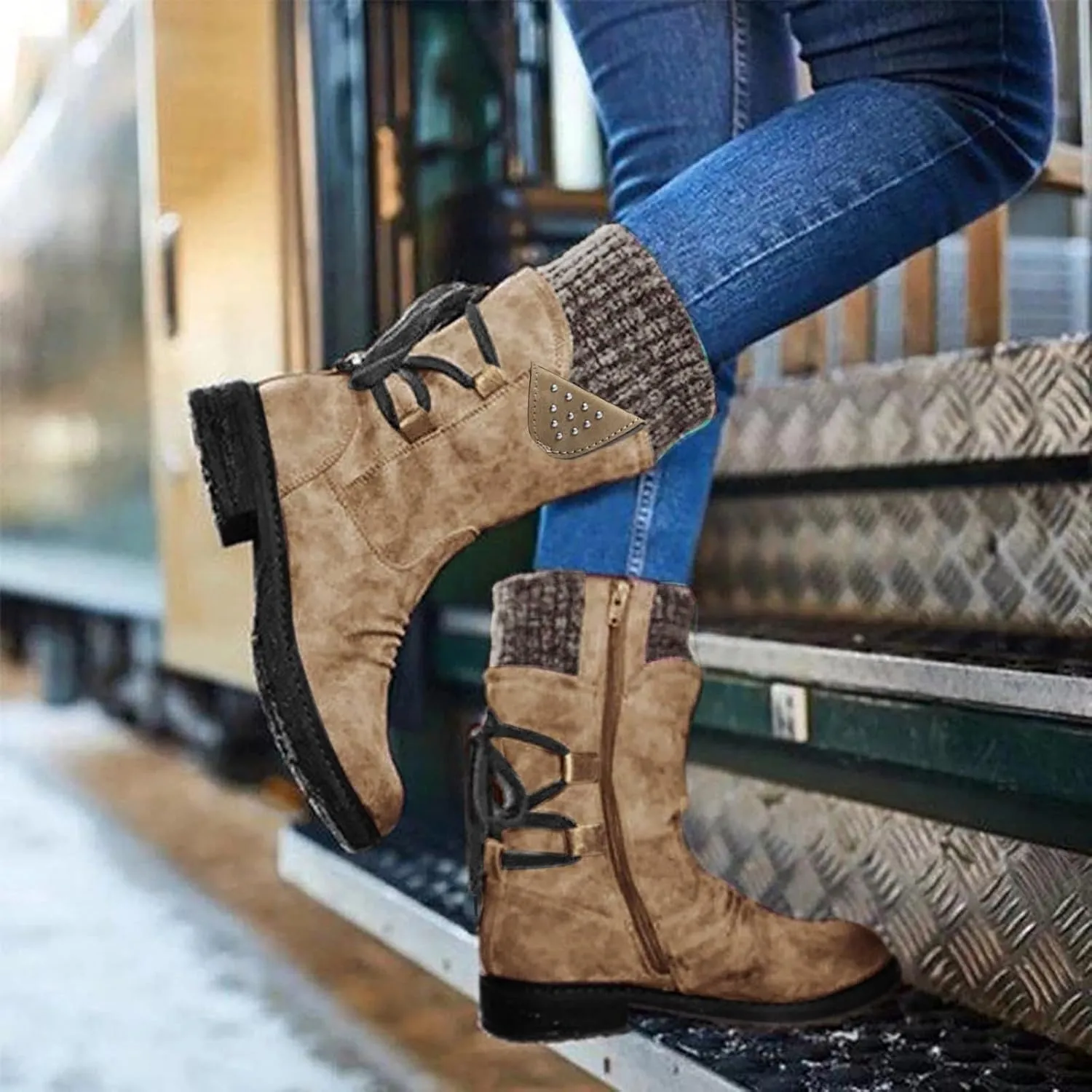 Cathalem Winter Boots for Women,Women's Winter Lace up Mid Calf Combat Riding Military Boots Womens Snow Boots Waterproof
