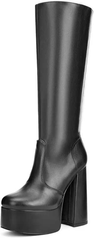 Coutgo Women's Platform Knee High Boots Chunky Heel Sexy Round Toe Side Zipper Long Boot