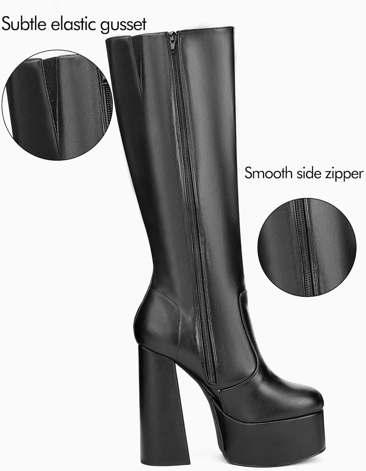 Coutgo Women's Platform Knee High Boots Chunky Heel Sexy Round Toe Side Zipper Long Boot