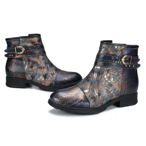 CrazycatZ Womens Bohemian Block Heels Leather Boots Colorful Leather Ankle Boots Dragon Fly Printed Black
