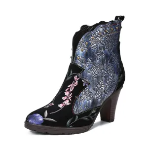 CrazycatZ Womens  Boots Bohemian Block Heel Leather Floral Boots Colorful Leather