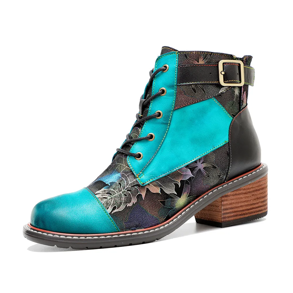 CrazycatZ Womens  Boots Bohemian Block Heels Leather  Colorful Ankle Boots 0605