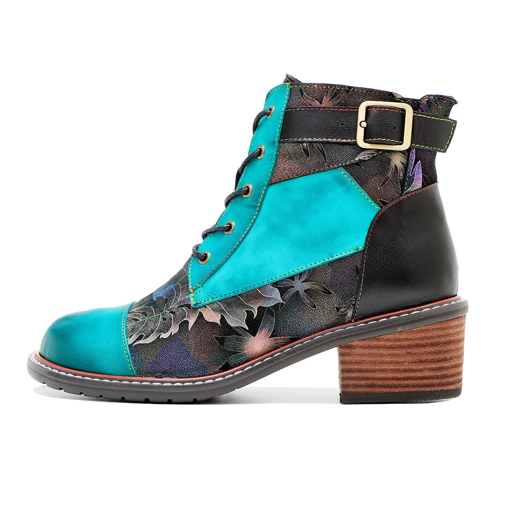 CrazycatZ Womens  Boots Bohemian Block Heels Leather  Colorful Ankle Boots 0605