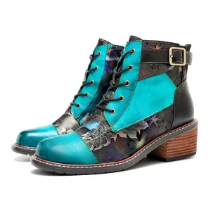CrazycatZ Womens  Boots Bohemian Block Heels Leather  Colorful Ankle Boots 0605