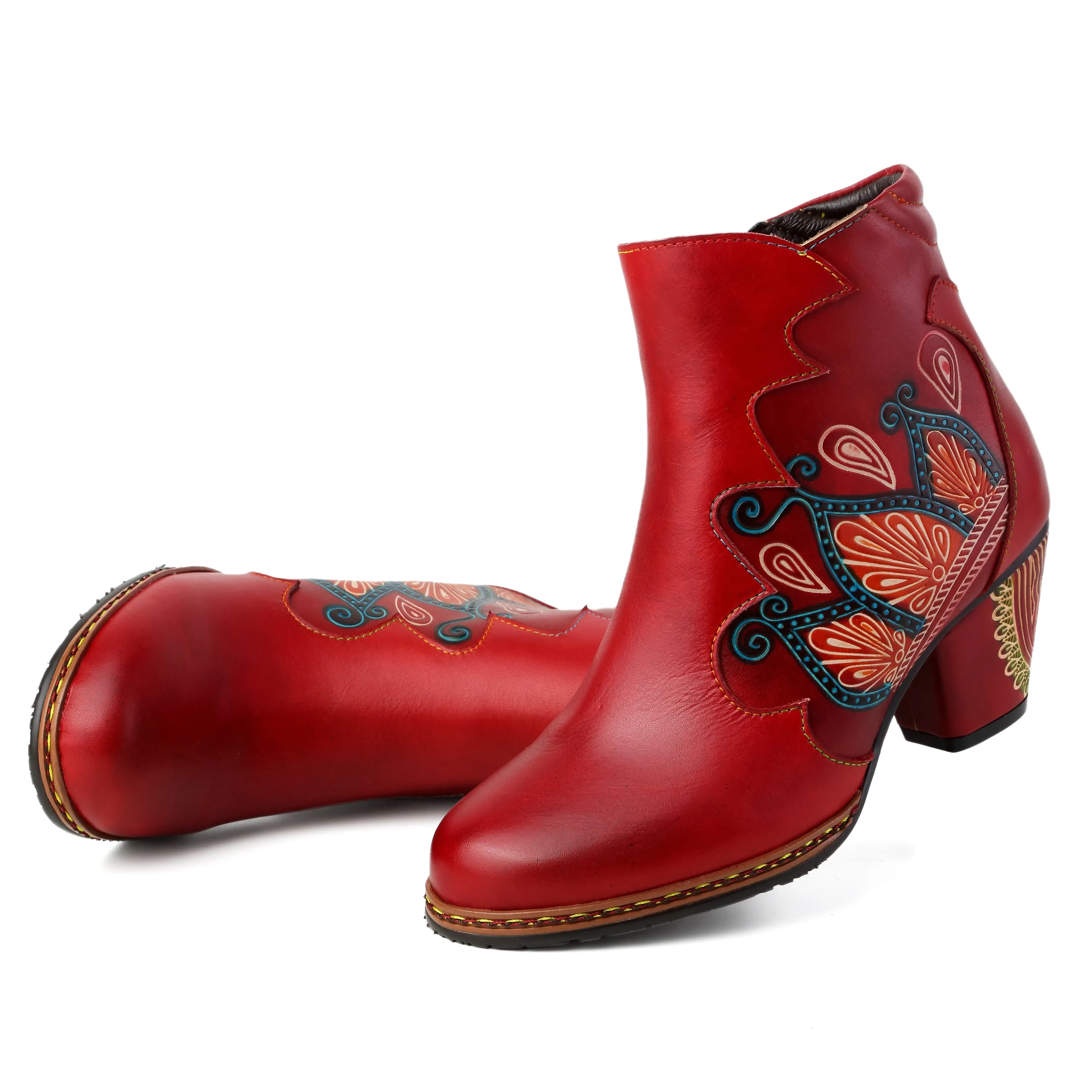 CrazycatZ Womens  Boots Floral Block Heel Leather Western Boots Colorful Leather Boots Red