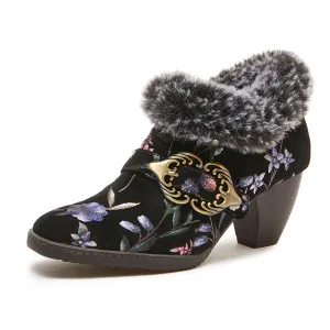 CrazycatZ Womens  Boots Fur lined  Block Heels Leather  Colorful Ankle Boots Black