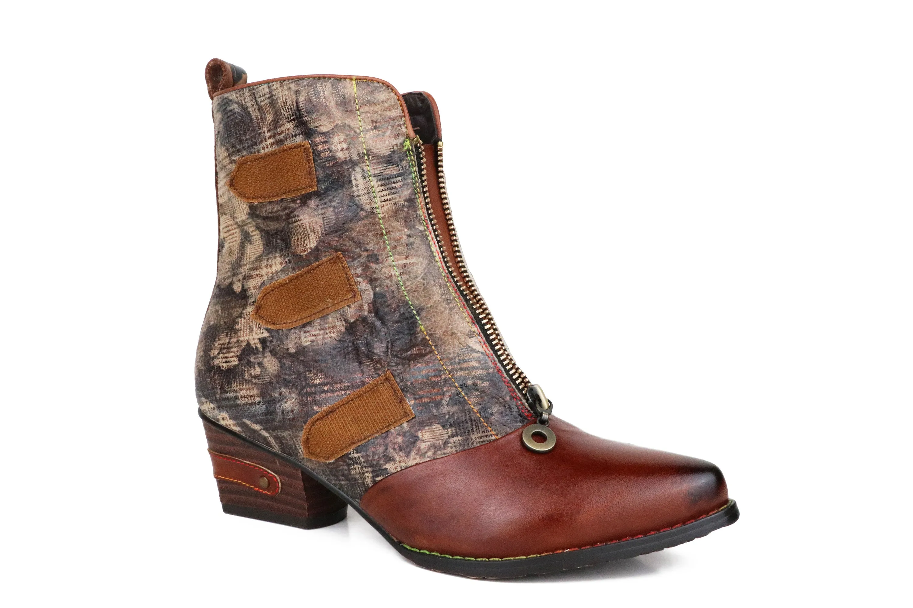 CrazycatZ Womens Cowgirl Boots Bohemian Block Heel Leather Western Boots Colorful Ankle Bootie Brown