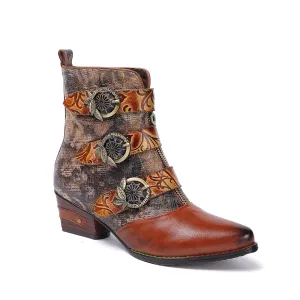 CrazycatZ Womens Cowgirl Boots Bohemian Block Heel Leather Western Boots Colorful Ankle Bootie Brown