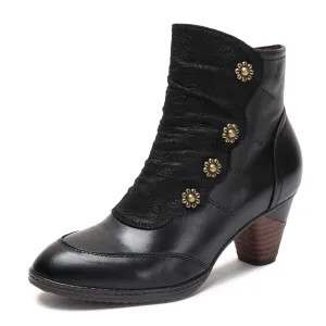 CrazycatZ Womens Leather Ankle Boots Colorful Leather Buttoned Vintage Bootie Black
