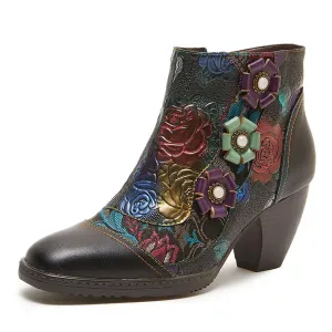 CrazycatZ Womens Leather Ankle  Boots Colorful Leather Buttoned Vintage Boots Block Heels