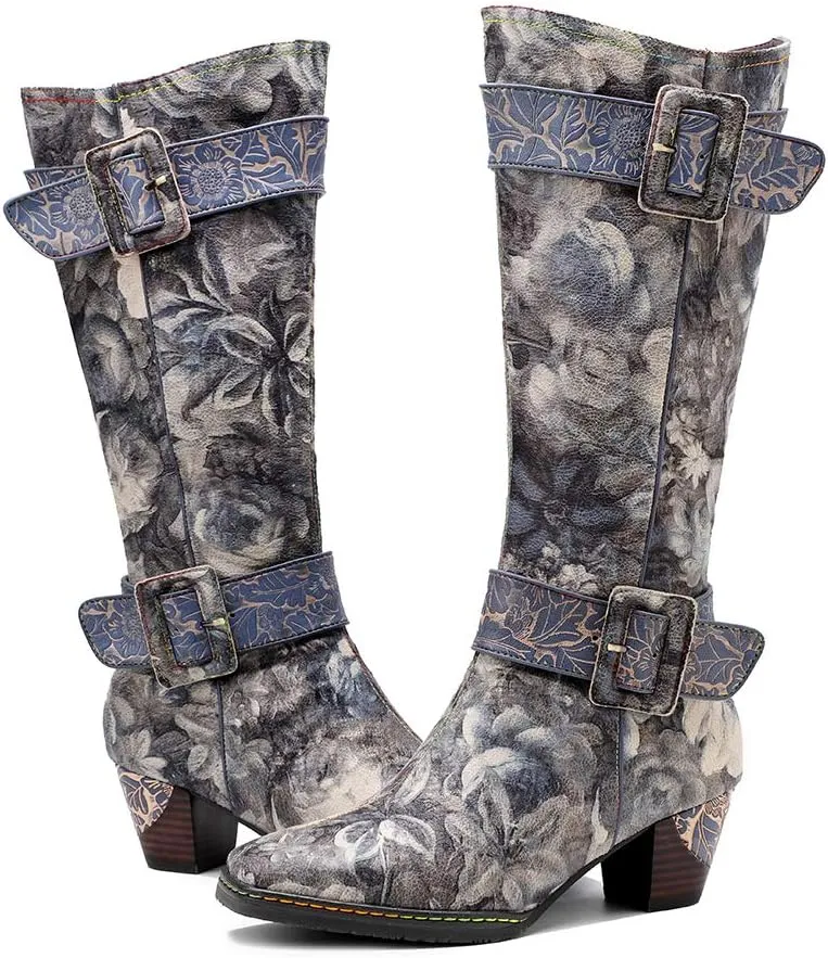 CrazycatZ Womens Leather Bohemian Knee High Boots Splicing Floral Block Heel Patterned Long Boots