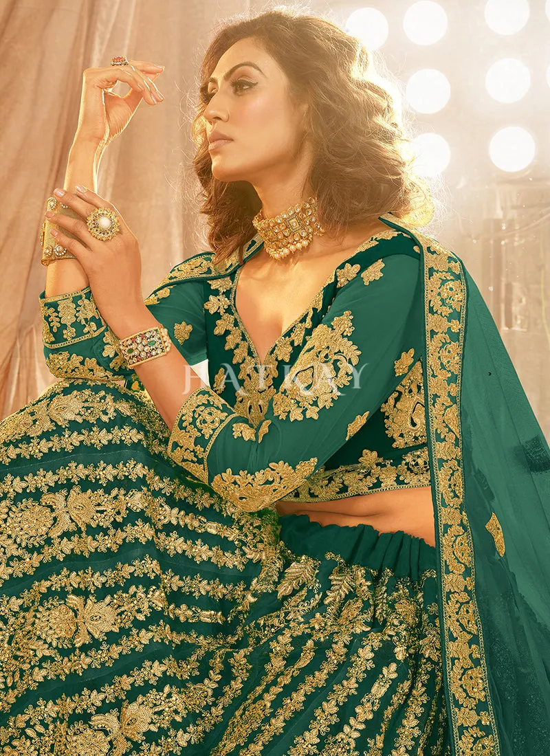 Dark Green Zari Embroidery Wedding Lehenga Choli