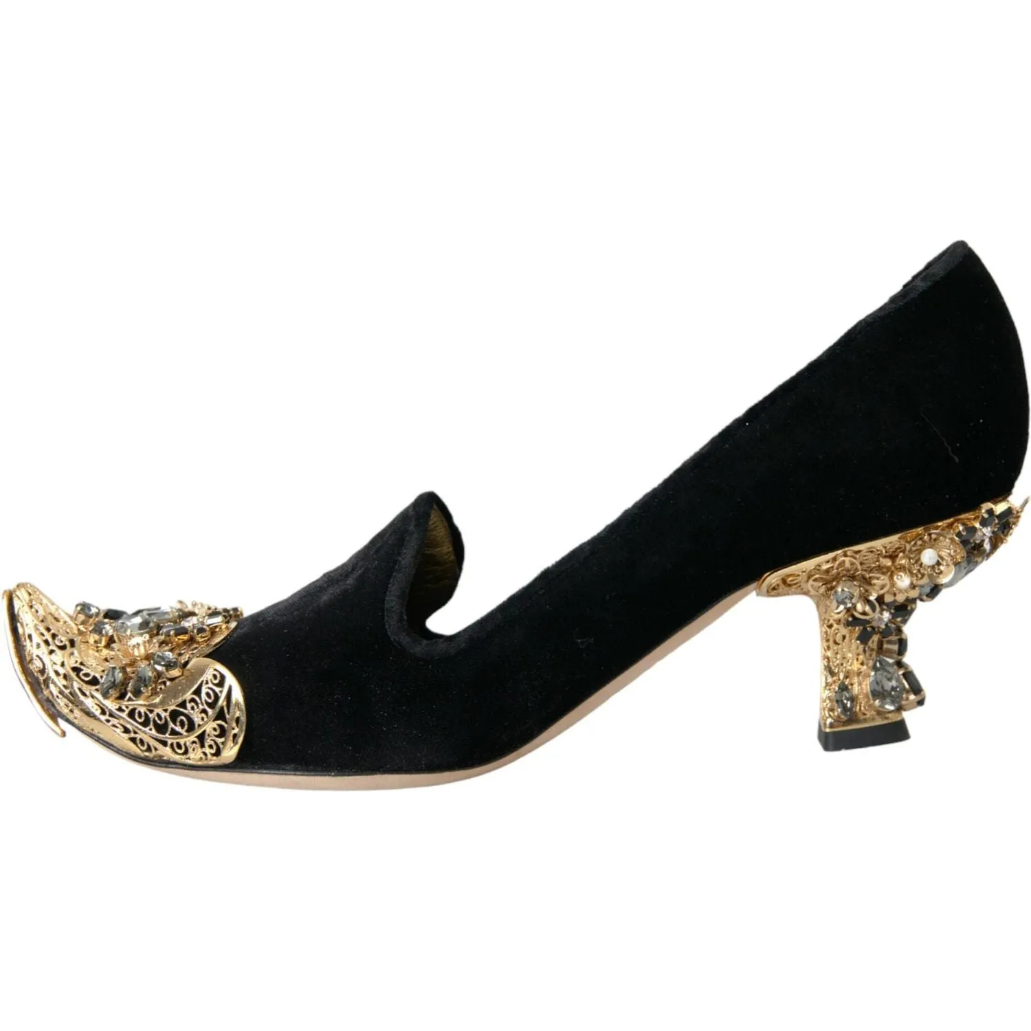 Dolce & Gabbana Black Velvet Embellished Heels Pumps Shoes
