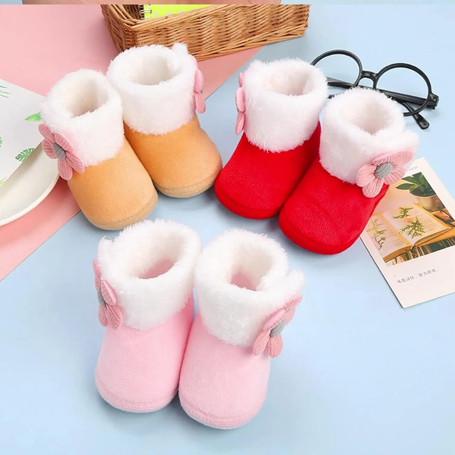Girls Ankle Boots Baby Boots With Bow Ties Soft Baby Shoes Thick Non Slip Cotton Shoes Warm Boots