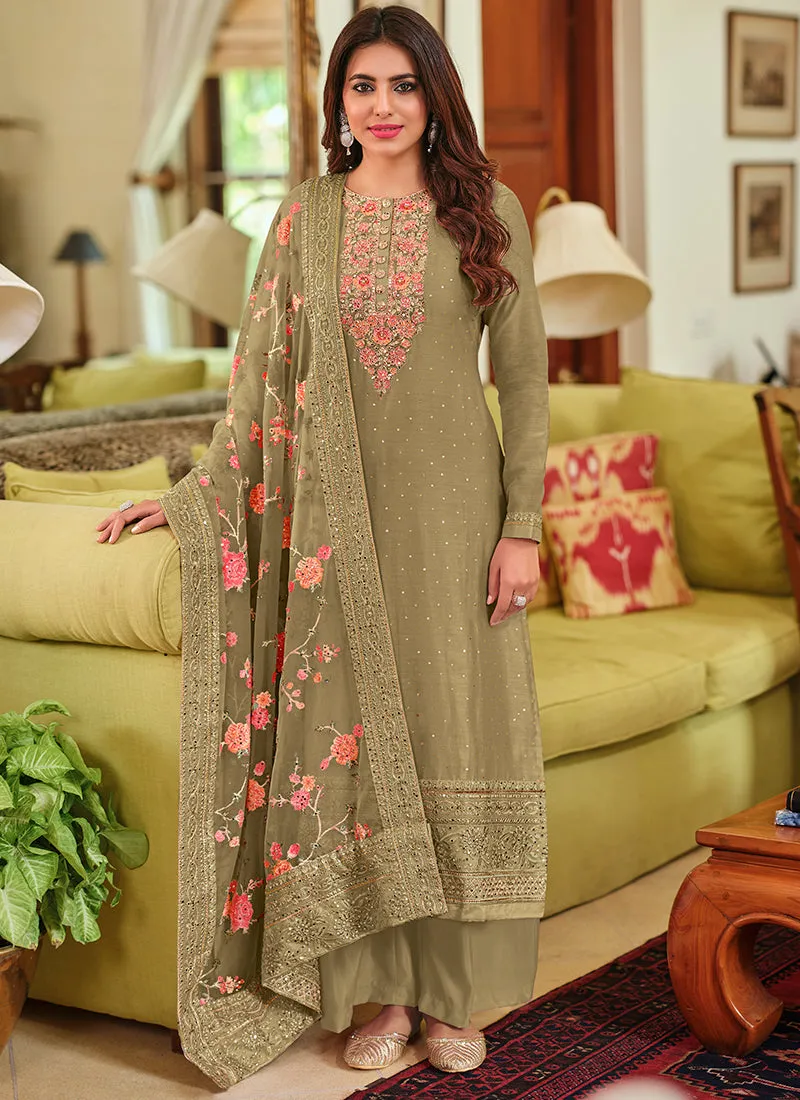 Green Multi Floral Embroidery Palazzo Suit