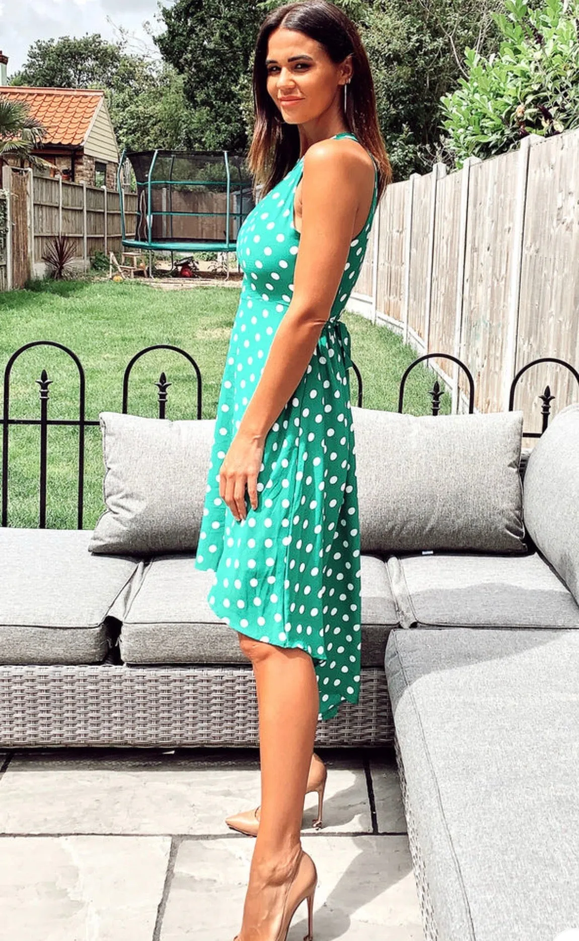 Green polka dot high low summer dress