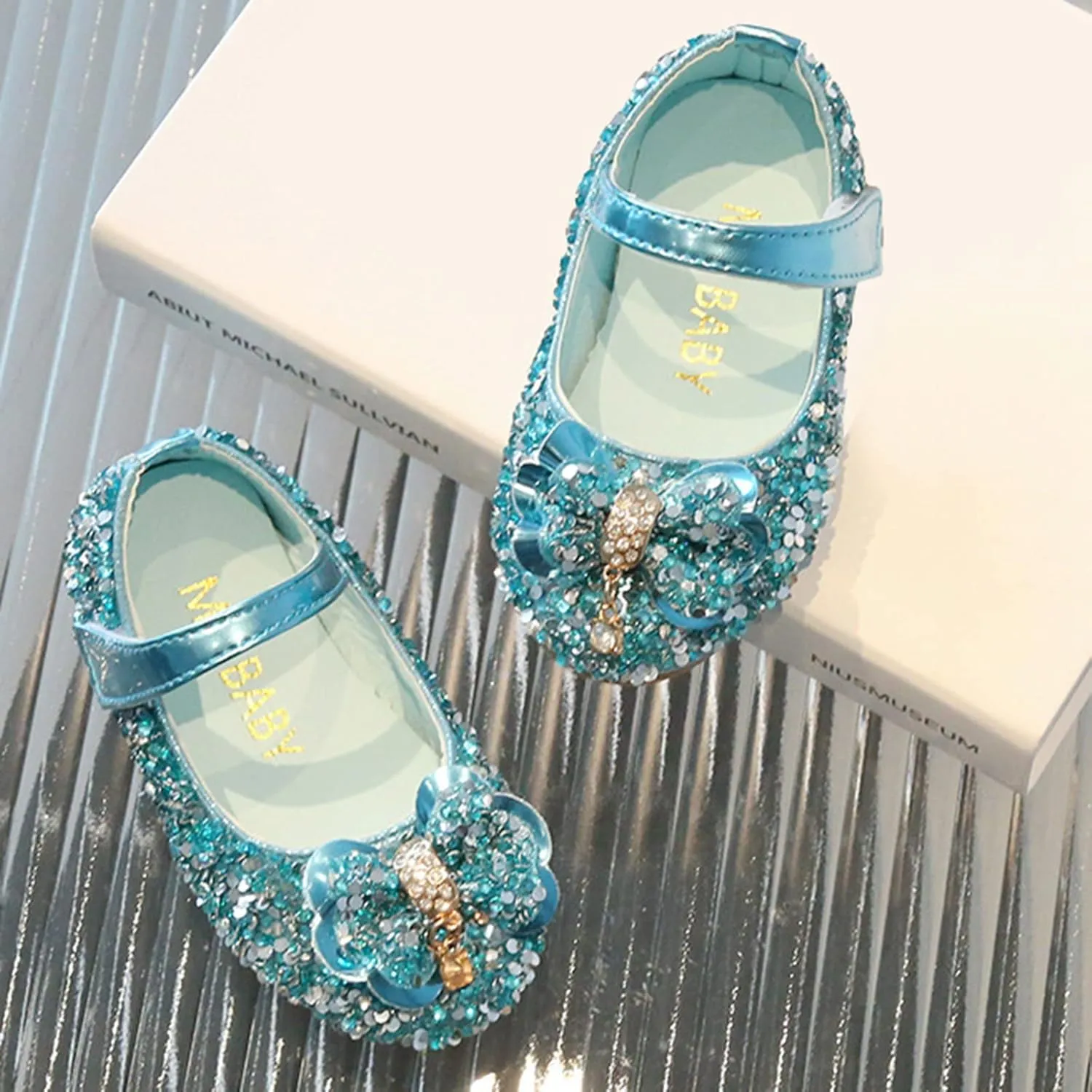 IWIHMIV Girls Mary Jane Dress Shoes Ballet Flat with Bow Pearl Rhinestones Shining Baby Girls Shoes