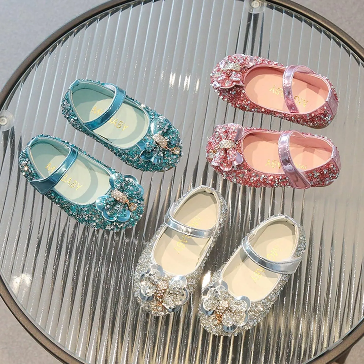 IWIHMIV Girls Mary Jane Dress Shoes Ballet Flat with Bow Pearl Rhinestones Shining Baby Girls Shoes