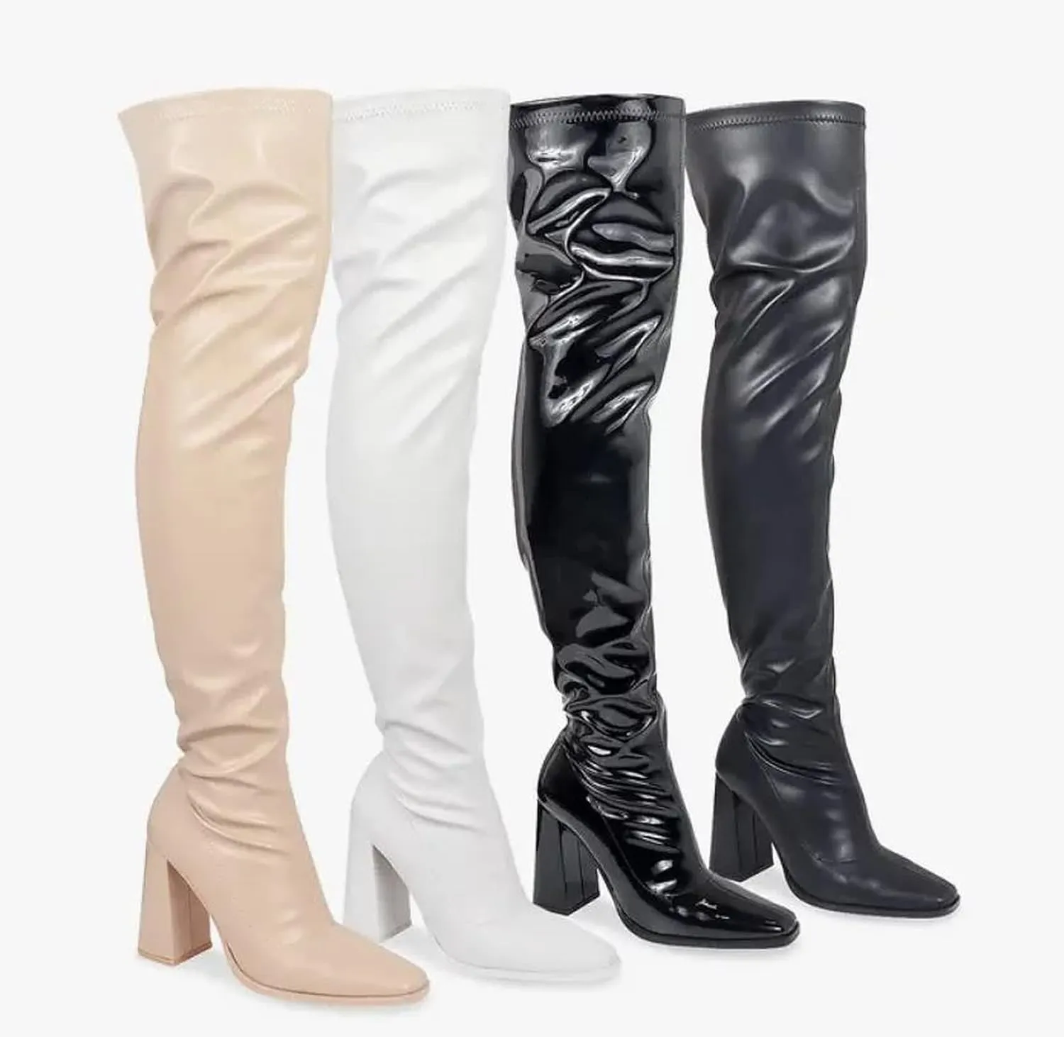 Liliana Women's Thigh High Boots Stretchy Over The Knee Chunky Block Heel Boots