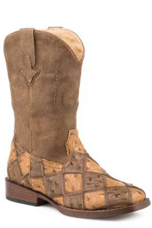 LITTLE BOYS TAN AND BROWN PATCHWORK FAUX OSTRICH