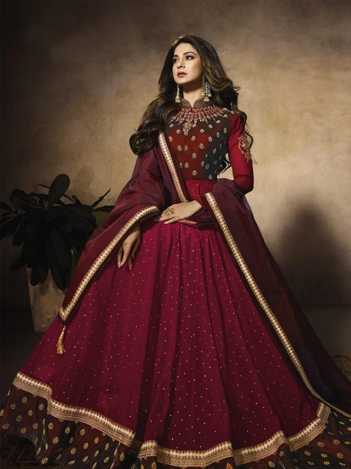 Maroon Bridal Embroidered Velvet Anarkali Suit