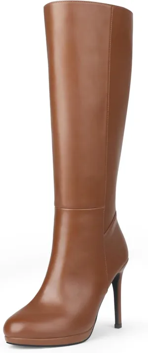 MERUMOTE Women's Stiletto Knee High Boots Platform Side Zipper Long Boots Black Brown US9