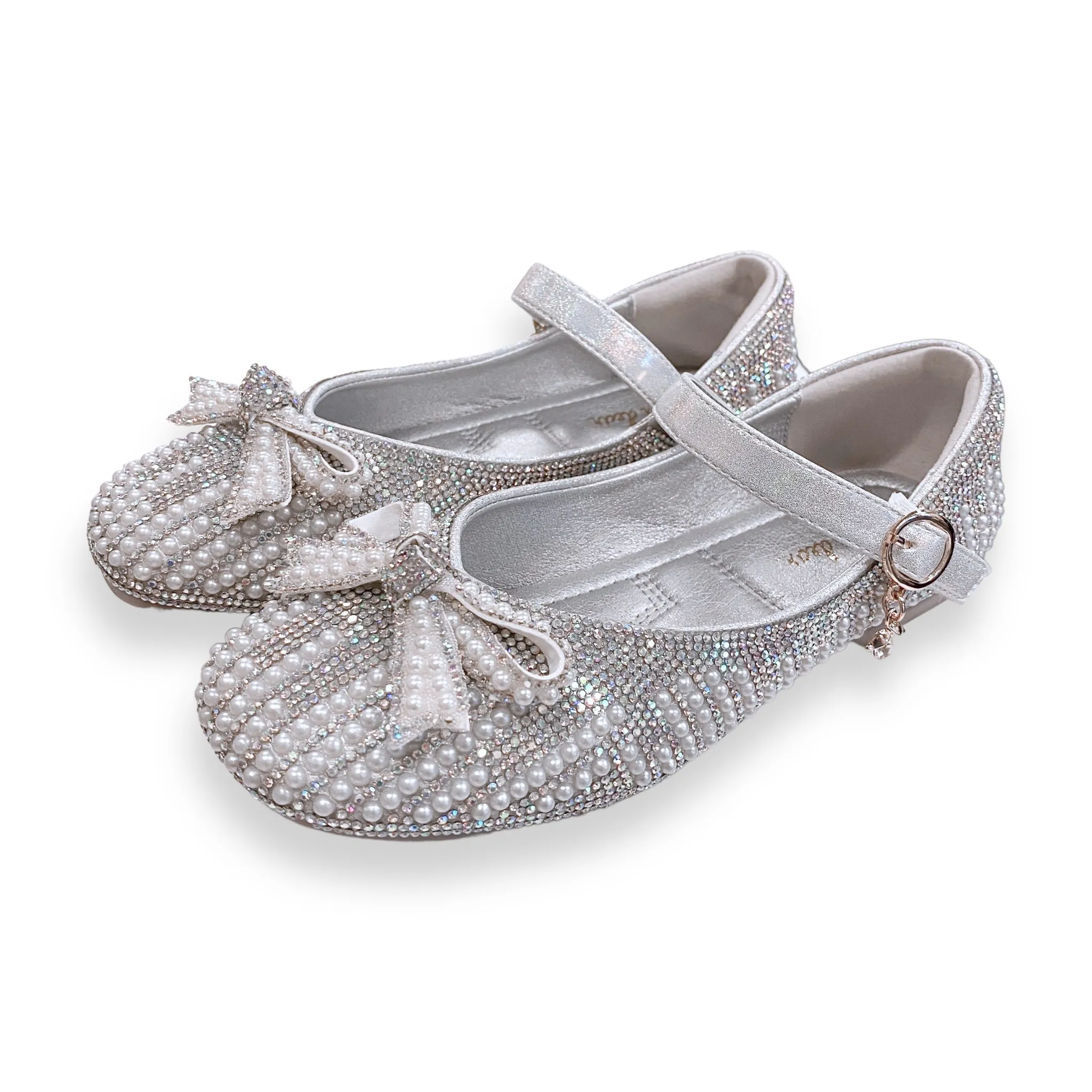 Pearl & Rhinestone Flat Shoes - Silver