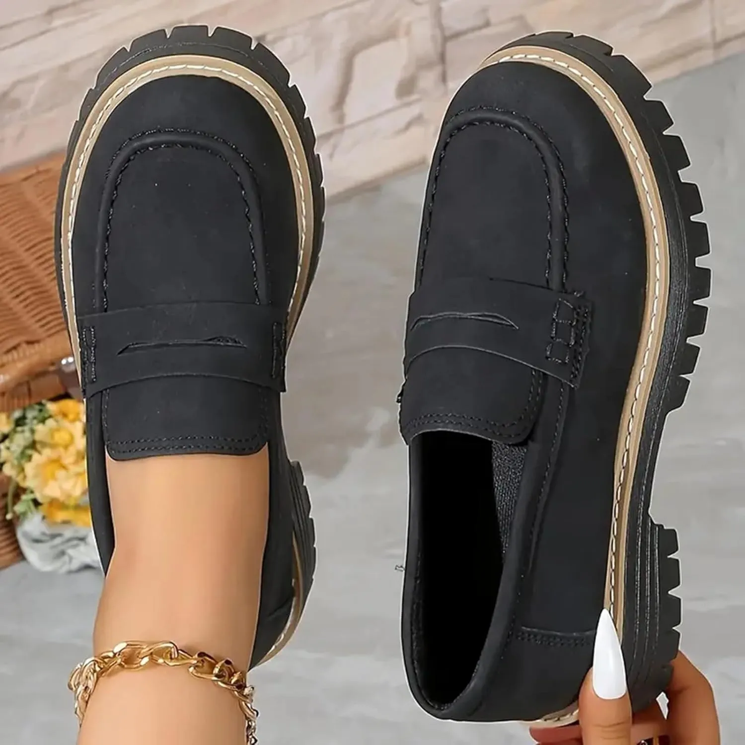 Penny Loafers for Women 2025 Slip On-Comfort Suede Chunky Dress Shoes for Work Wide Toe Lightweight Casual Comfort Shoes Business Casual Platform Chunky Comfortable Footwear