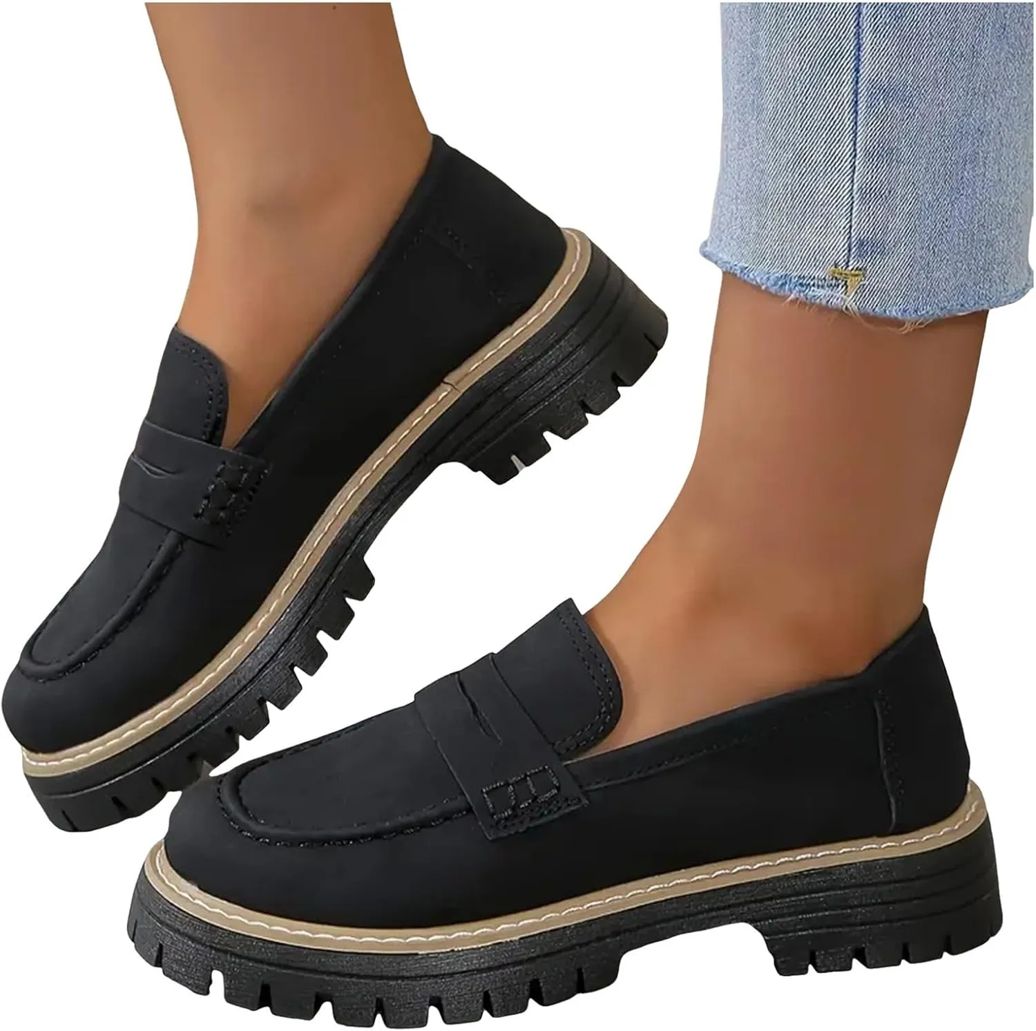 Penny Loafers for Women 2025 Slip On-Comfort Suede Chunky Dress Shoes for Work Wide Toe Lightweight Casual Comfort Shoes Business Casual Platform Chunky Comfortable Footwear