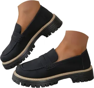 Penny Loafers for Women 2025 Slip On-Comfort Suede Chunky Dress Shoes for Work Wide Toe Lightweight Casual Comfort Shoes Business Casual Platform Chunky Comfortable Footwear