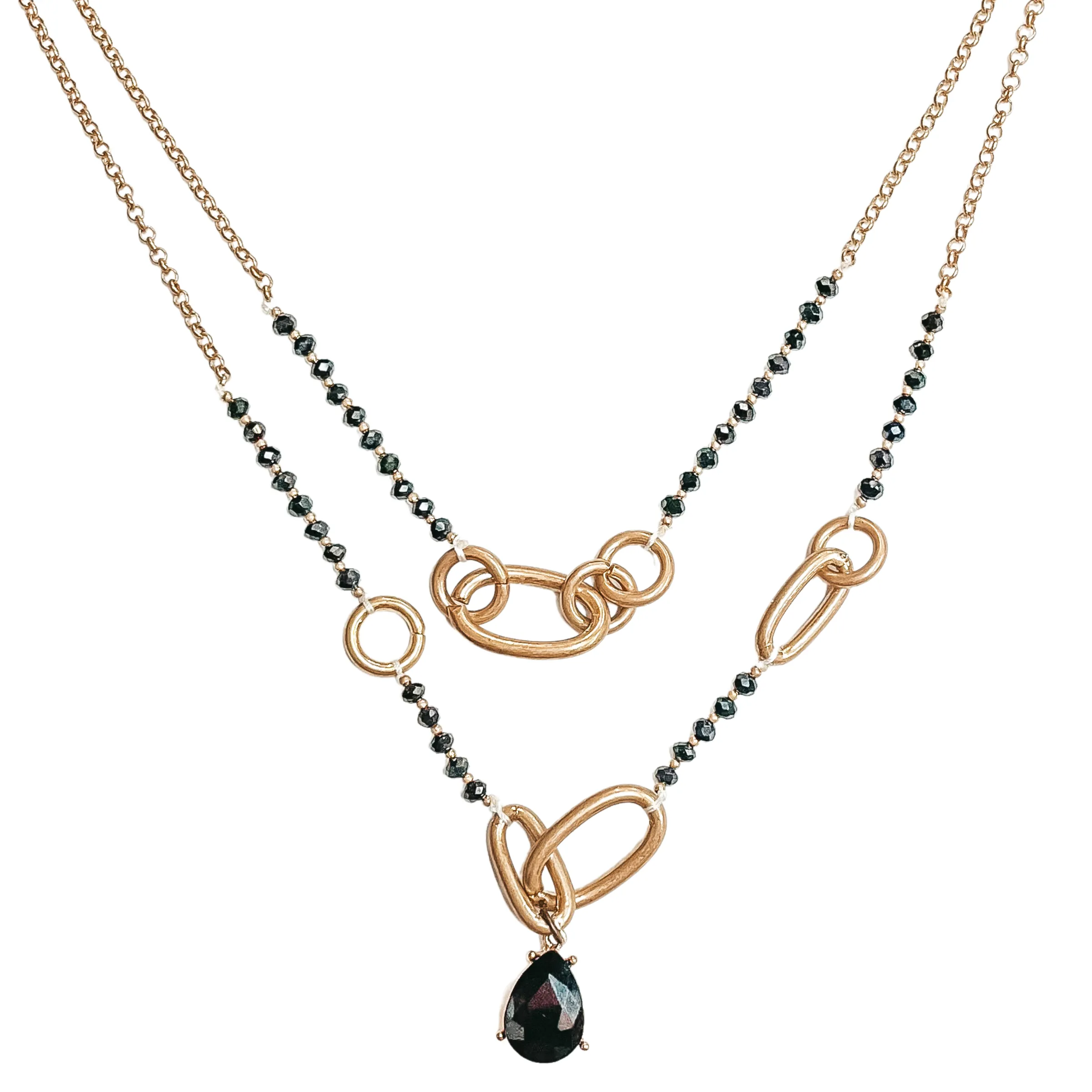 Pink Panache | Two Strand Black Bead and Gold Chain Necklace with Large Links and a Small Black Teardrop Crystal