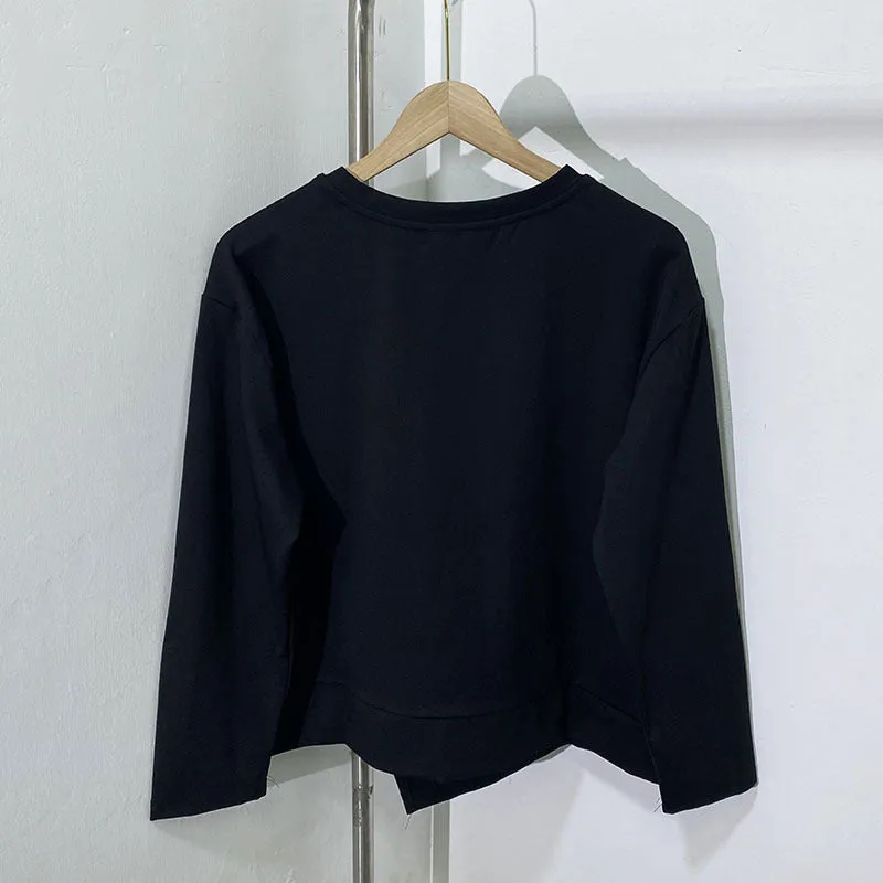 Pre Order: Round Neck Long Sleeved Irregular Hem Patchwork Top