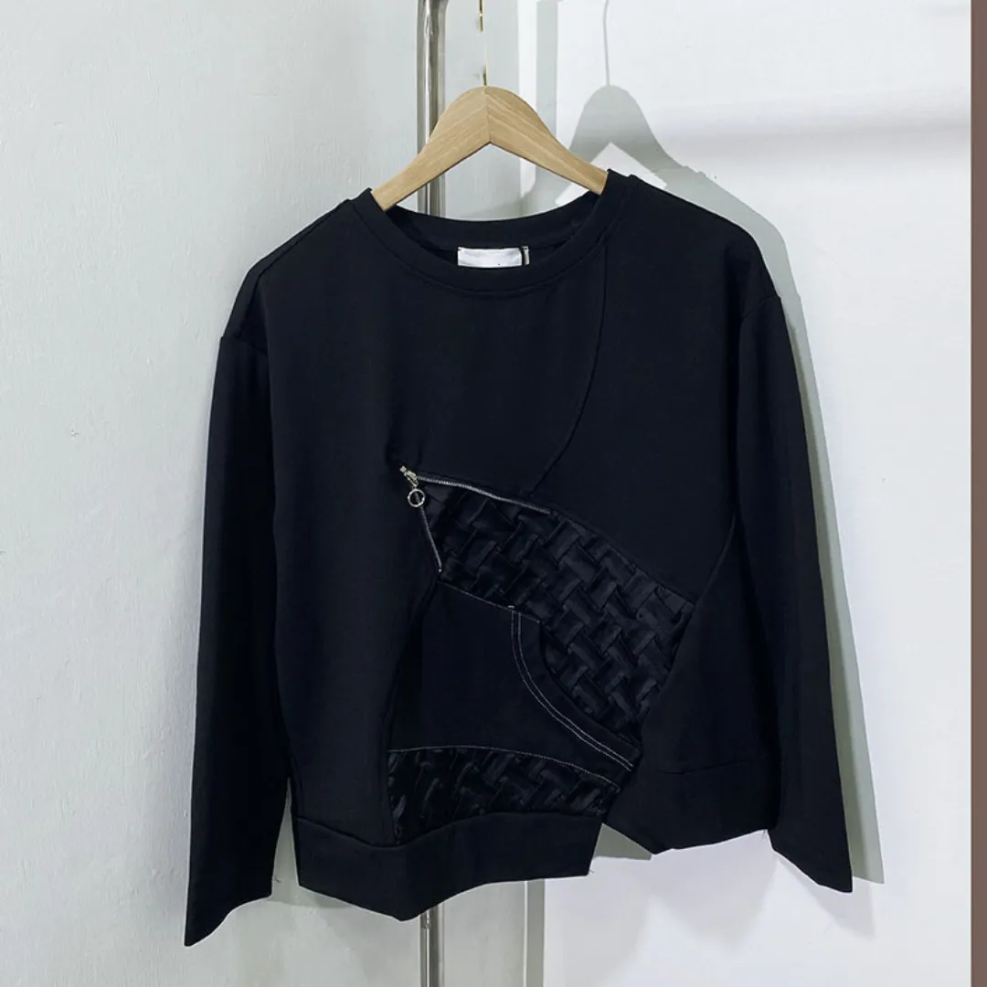 Pre Order: Round Neck Long Sleeved Irregular Hem Patchwork Top