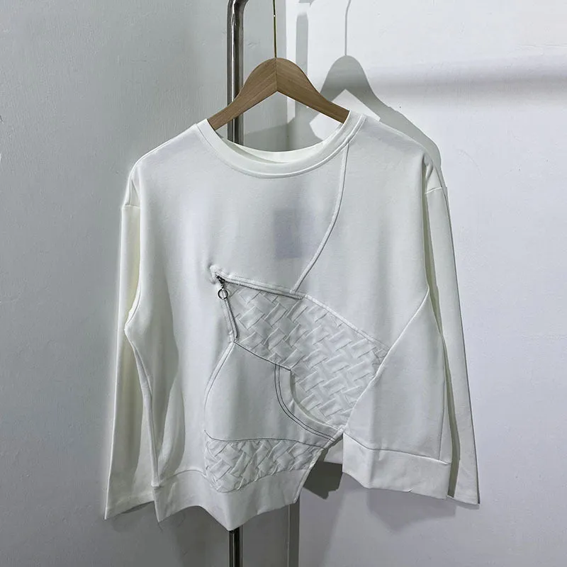 Pre Order: Round Neck Long Sleeved Irregular Hem Patchwork Top
