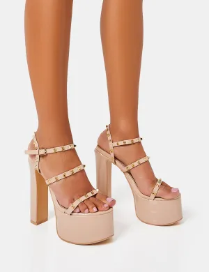 Stefania Nude Patent Studded Cage Platform Round Toe Block Heels