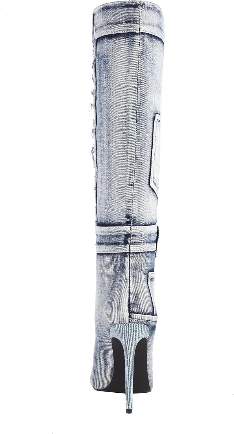 vivianly Women's Knee High Boots Denim Pointed Toe Stiletto Heel Long Boots