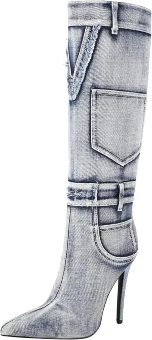 vivianly Women's Knee High Boots Denim Pointed Toe Stiletto Heel Long Boots