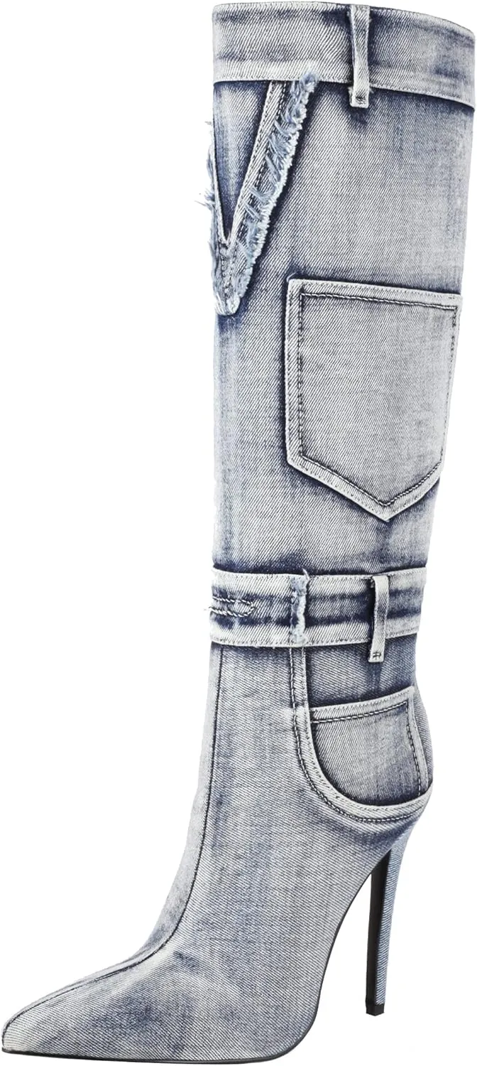 vivianly Women's Knee High Boots Denim Pointed Toe Stiletto Heel Long Boots