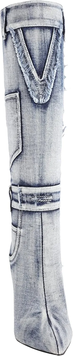 vivianly Women's Knee High Boots Denim Pointed Toe Stiletto Heel Long Boots