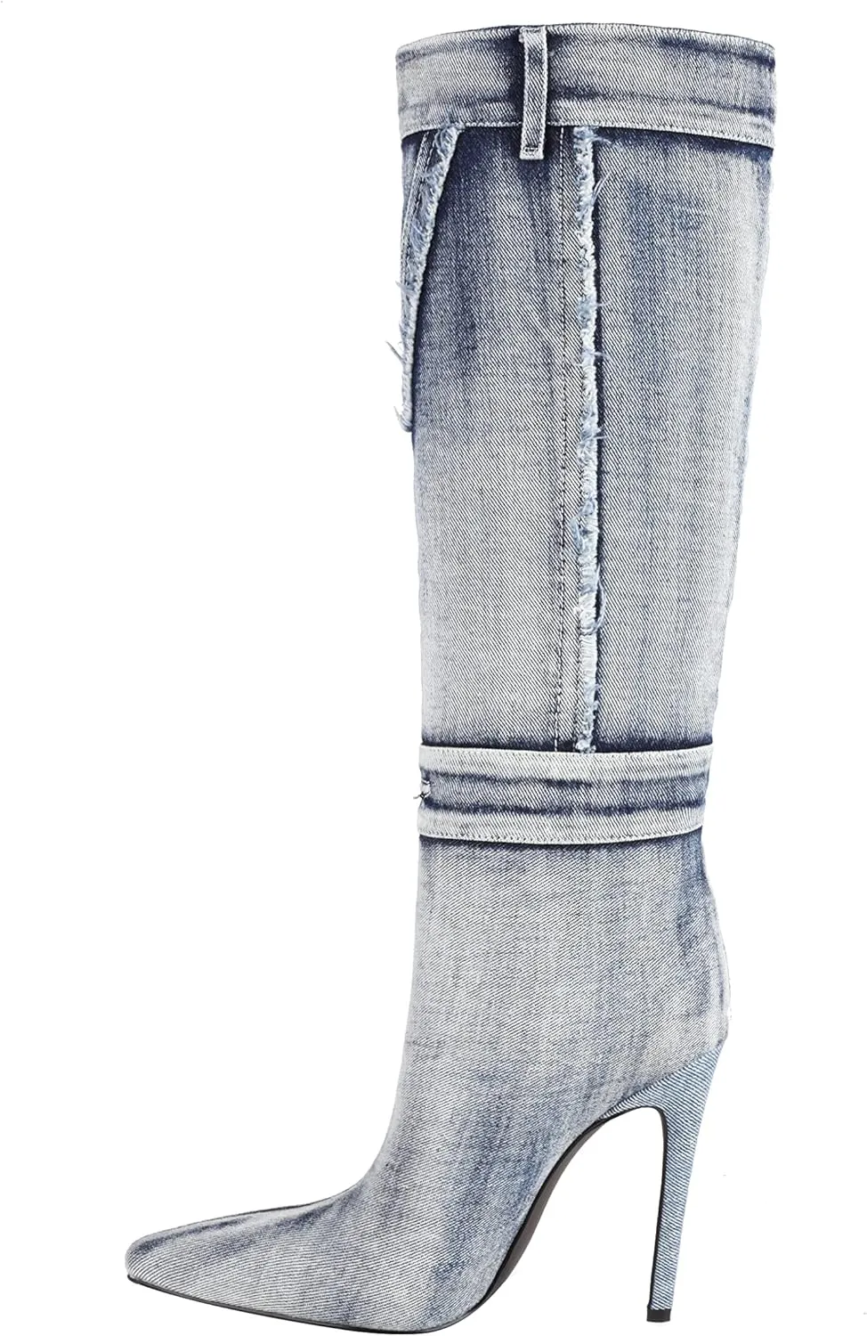 vivianly Women's Knee High Boots Denim Pointed Toe Stiletto Heel Long Boots