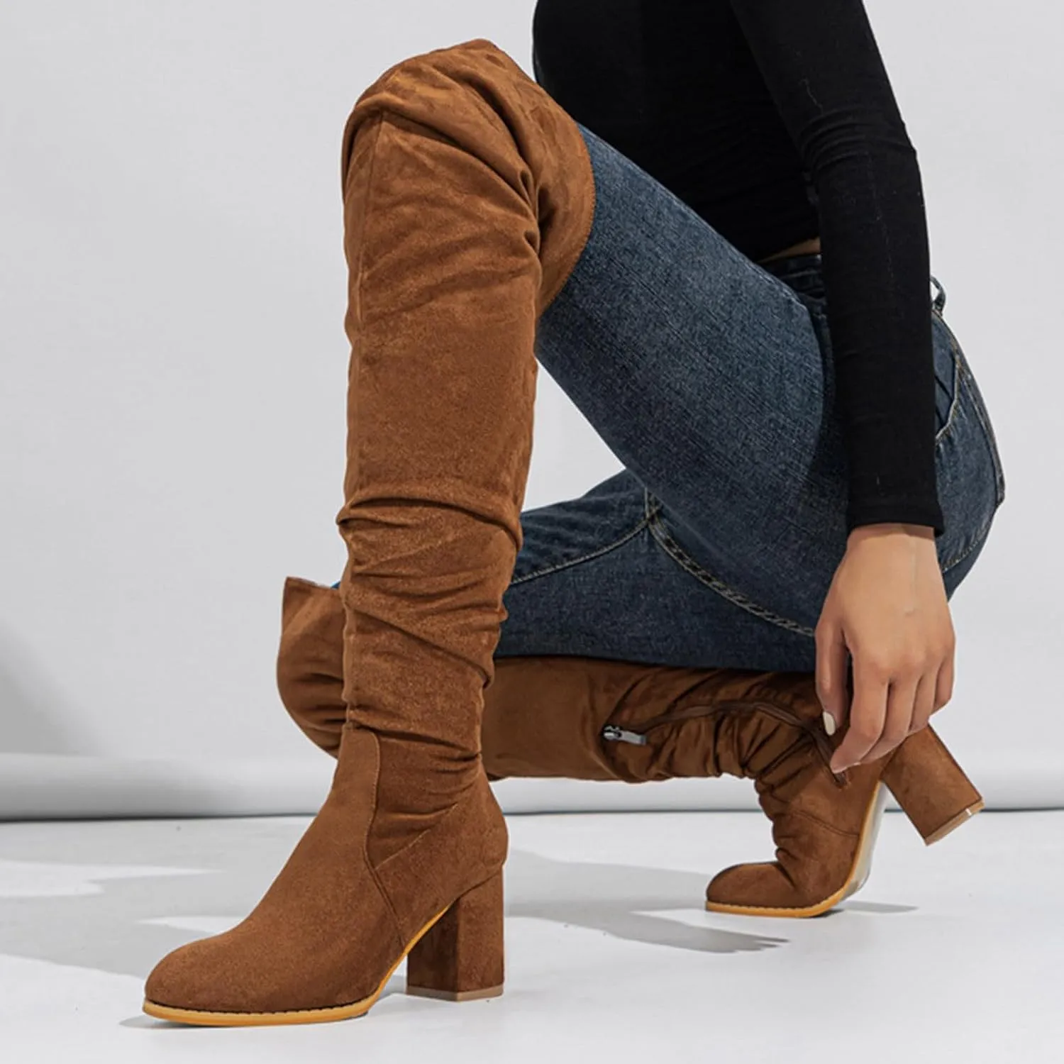 White Cowgirl Boots Square Heel Over Knee Boots Suede Zipper Thigh High Boots Chunky Heeled Tall Long Boots