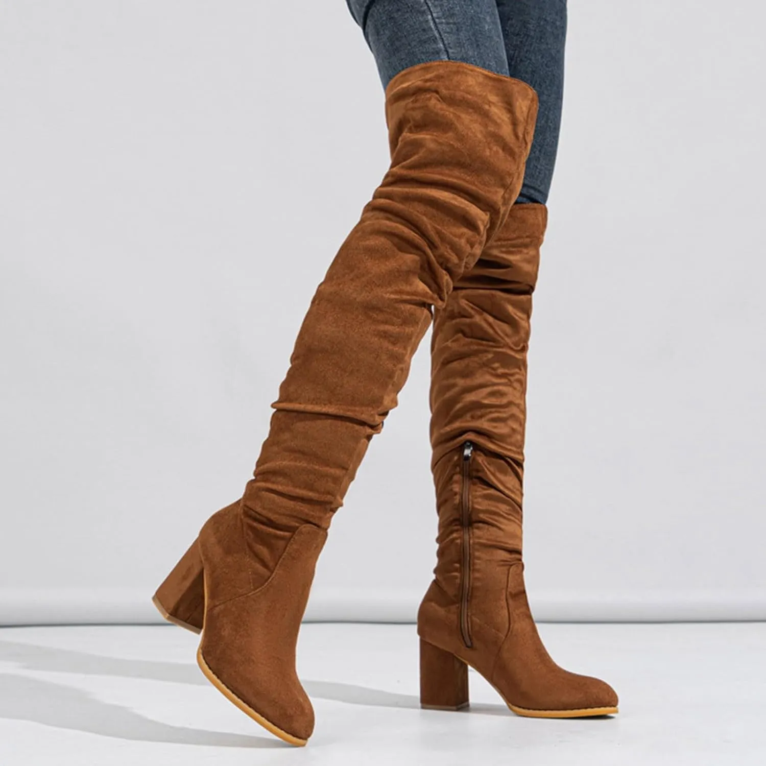 White Cowgirl Boots Square Heel Over Knee Boots Suede Zipper Thigh High Boots Chunky Heeled Tall Long Boots