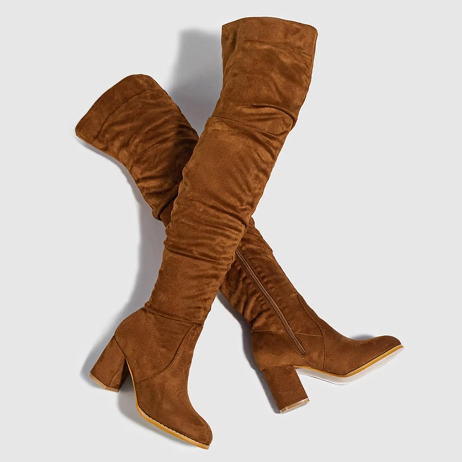 White Cowgirl Boots Square Heel Over Knee Boots Suede Zipper Thigh High Boots Chunky Heeled Tall Long Boots