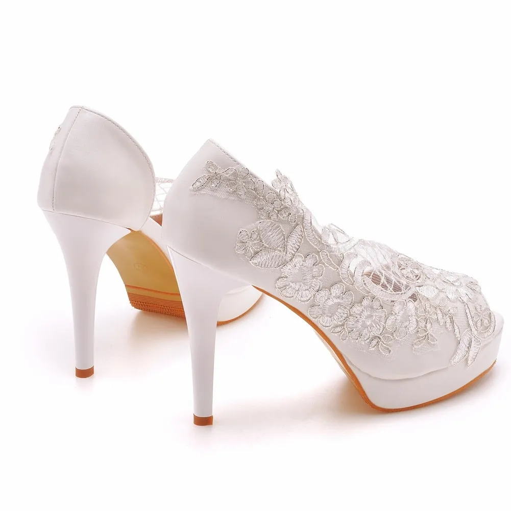White Stiletto Lace Open Toe High Heel Luxury Party Shoes